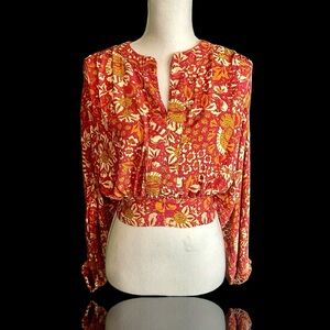 NWT Rachel Zoe Red Bohemian Floral Batwing Tie-Waist Crop Top Size XS